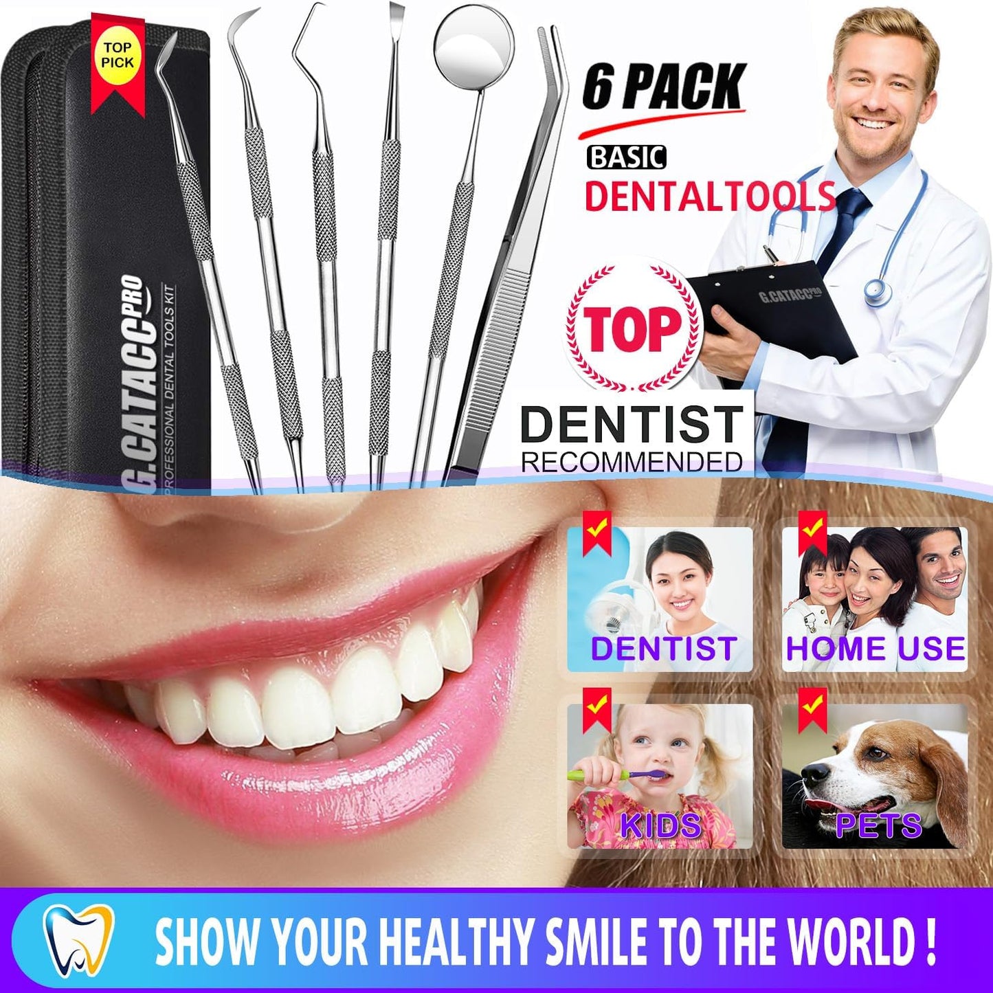 Dental Tools, Dental Pick Teeth Cleaning Tools Hygiene Kit, Plaque Remover for Teeth, Professional Stainless Steel Tooth Scraper Plaque Tartar Cleaner - with Case