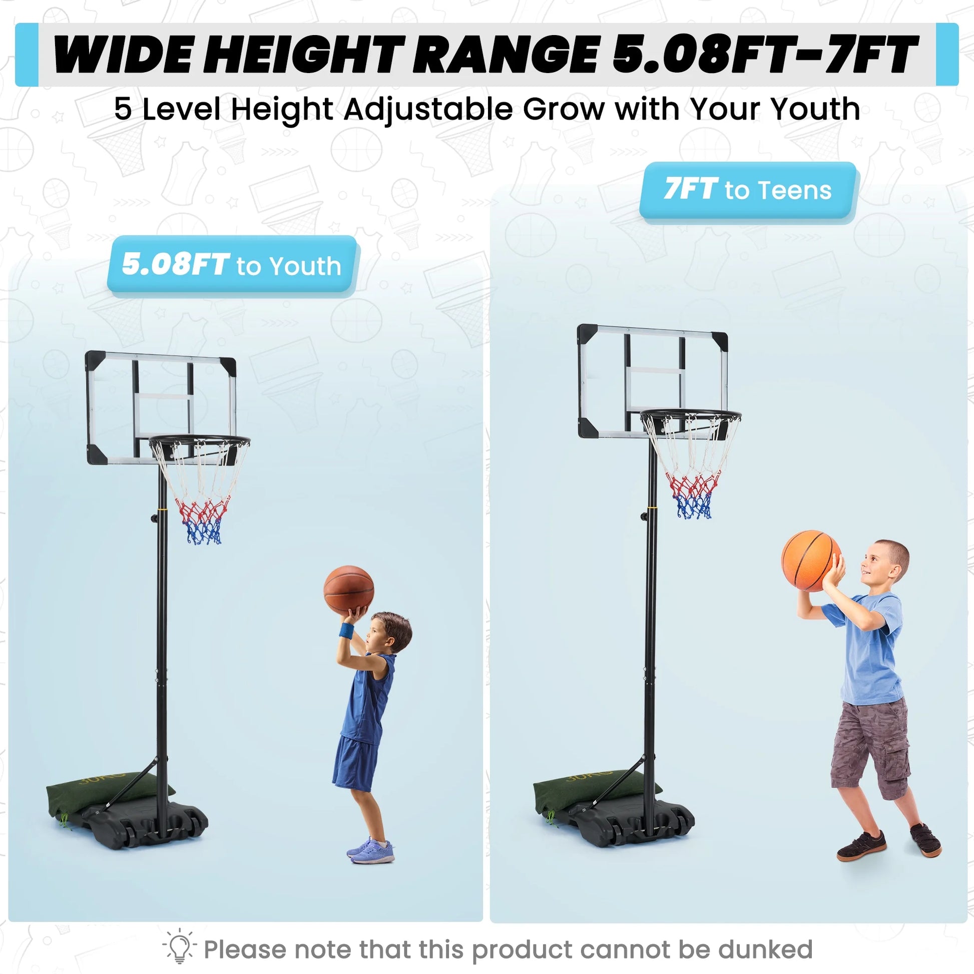 Aro De Baloncesto De 28 Pulgadas Sistema De Portería De Baloncesto Altura Ajustable De 5.1 Pies a 7 Pies Para Uso En Interiores Y Exteriores De Todas Las Edades