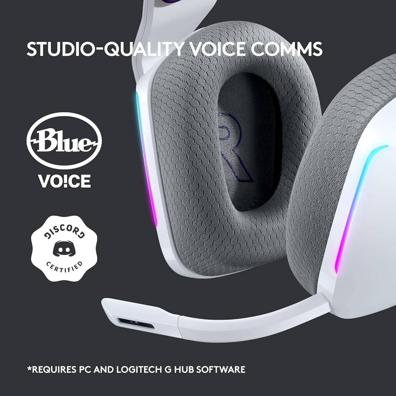 733 Lightspeed Wireless Gaming Headset with Suspension Headband, LIGHTSYNC RGB, Blue VO!CE Mic Technology and PRO-G Audio Drivers - White