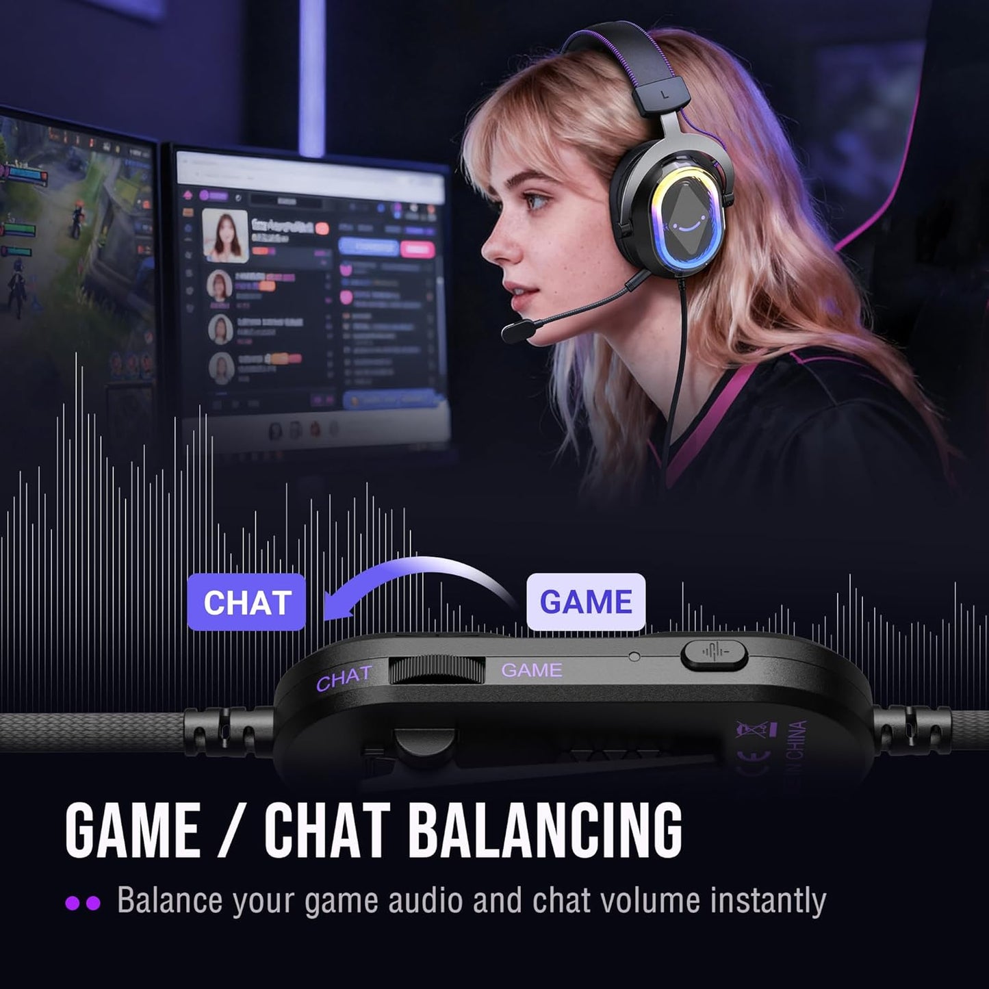 Wired USB Gaming Headset: 7.1 Surround Sound - Vibrant Customizable RGB - Game/Chat Balance, Gamer Headphone with Noise Canceling Mic for PC, PS5/PS4, Laptop, Mac - Ampligame H13BP