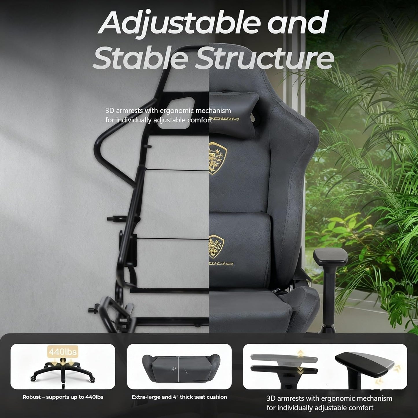 Big and Tall Gaming Chair with Suede Fabric Breathable, Game Chairs for Adults with Oversized Thick Seat for 440Lbs, Ergonomic Gamer Chair for Streaming & Long Gaming Sessions, Deep Grey