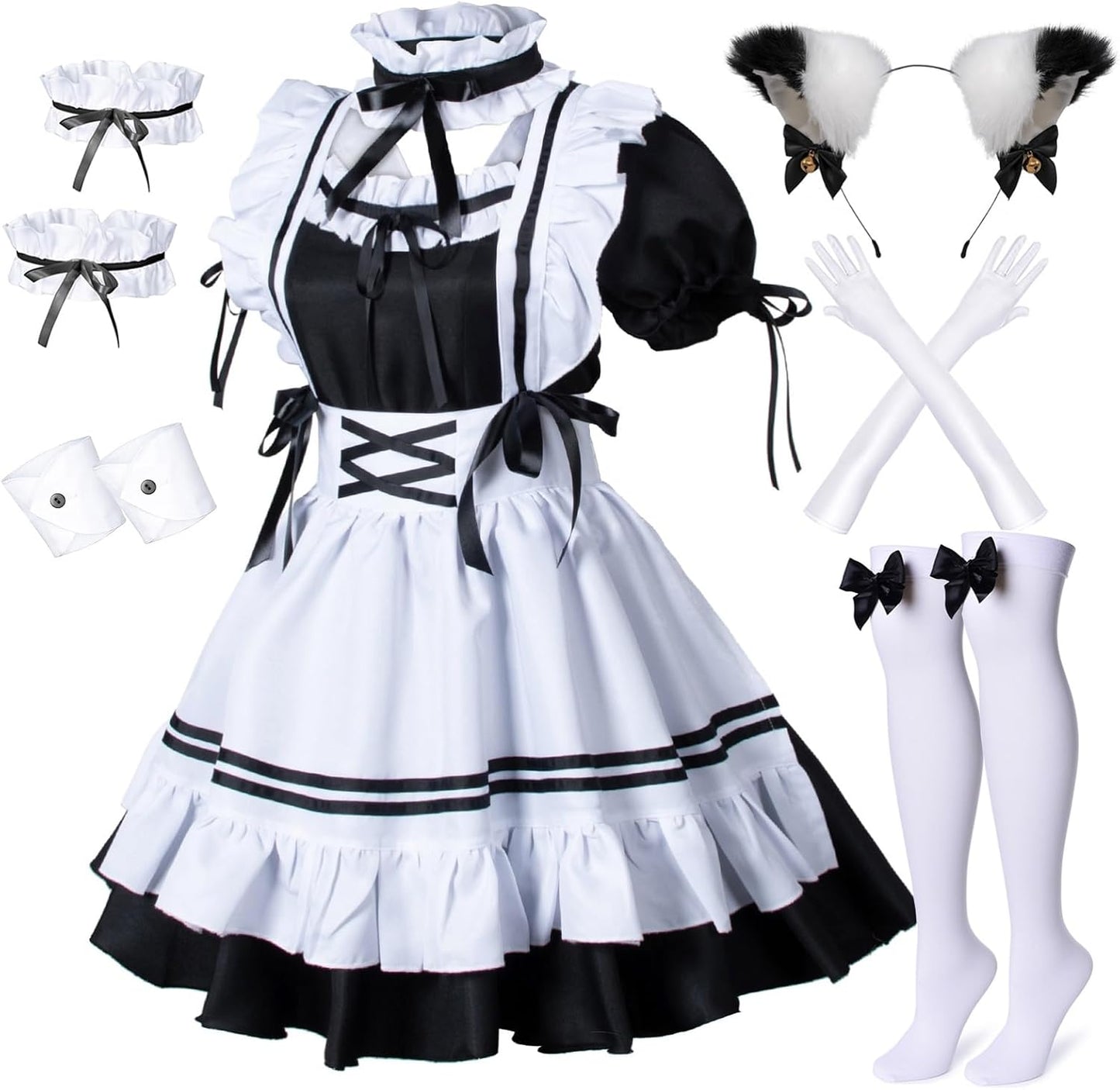 Anime French Maid Apron Lolita Fancy Dress Cosplay Costume Furry Cat Ear Gloves Socks Set(Xl)