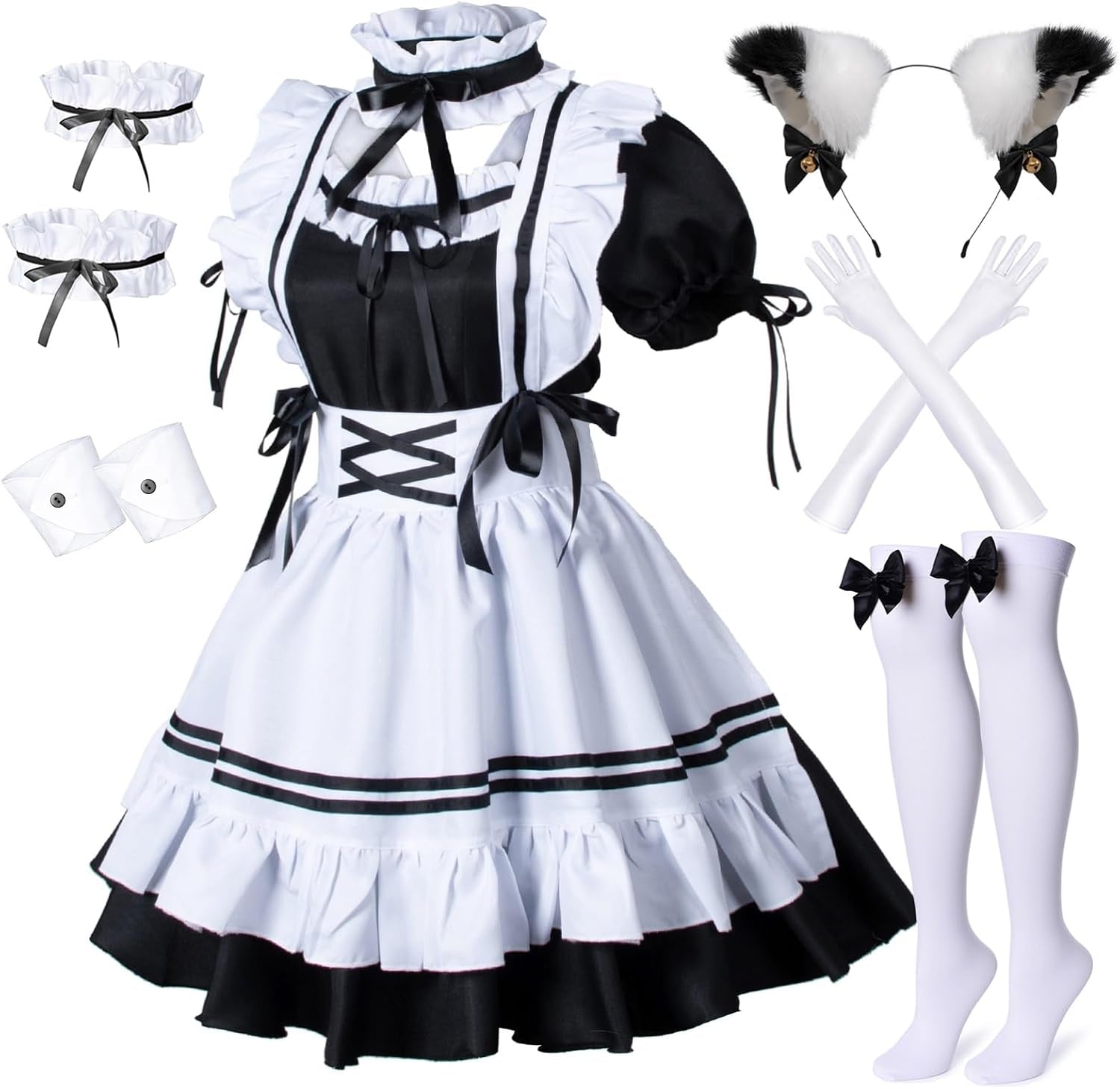 Anime French Maid Apron Lolita Fancy Dress Cosplay Costume Furry Cat Ear Gloves Socks Set(Xl)