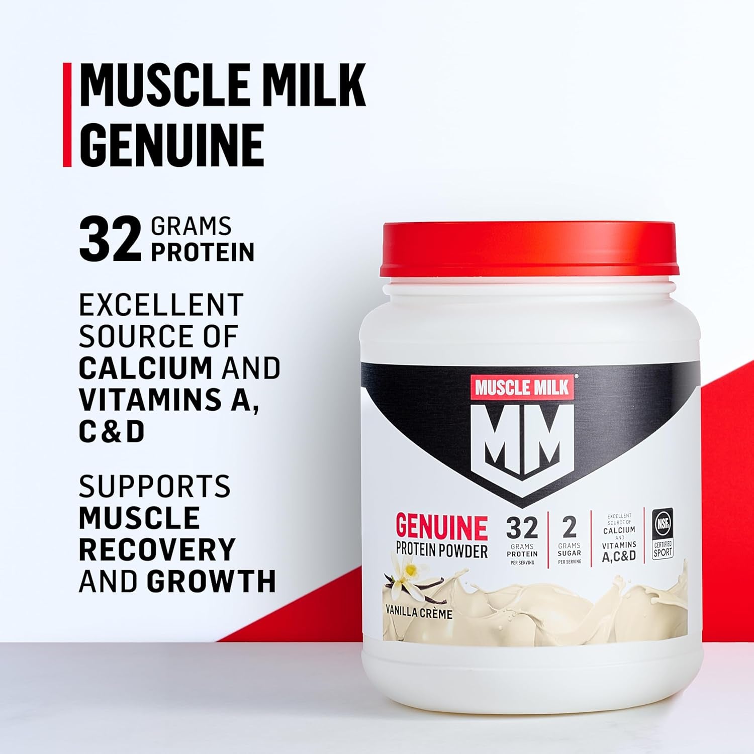Genuine Protein Powder, Vanilla Crème, 1.93 Pounds, 12 Servings, 32G Protein, 2G Sugar, Calcium, Vitamins A, C & D, NSF Certified for Sport, Energizing Snack, Packaging May Vary
