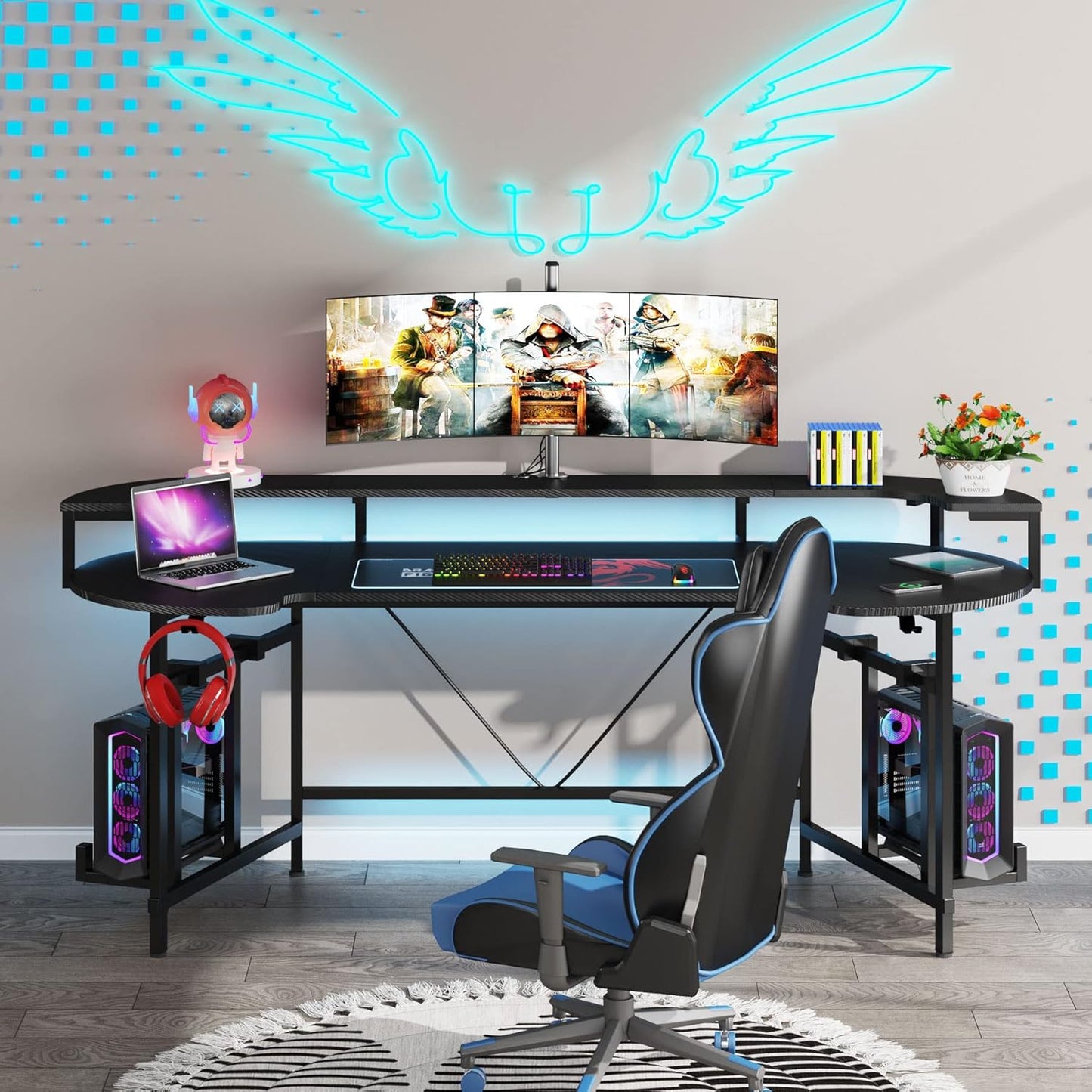 75 Inch Gaming Desk with Monitor Shelf, Large PC Computer Desk with LED Lights, Gaming Table Gamer Desk for Bedroom, Home Office, Black