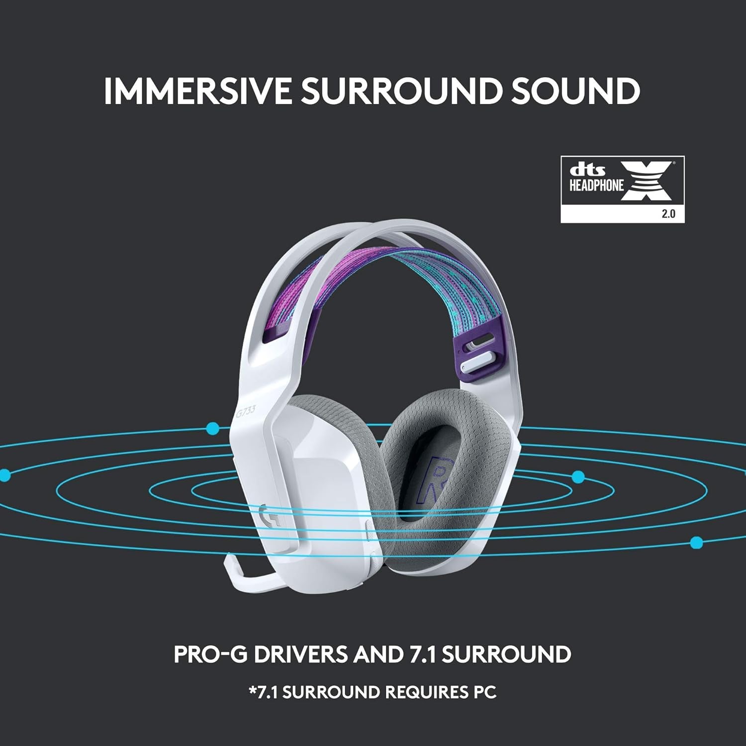 733 Lightspeed Wireless Gaming Headset with Suspension Headband, LIGHTSYNC RGB, Blue VO!CE Mic Technology and PRO-G Audio Drivers - White
