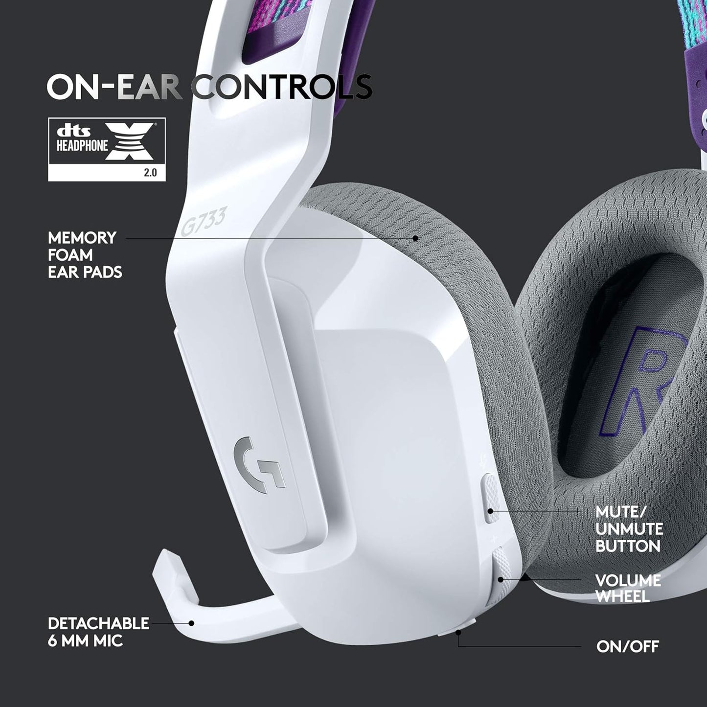 733 Lightspeed Wireless Gaming Headset with Suspension Headband, LIGHTSYNC RGB, Blue VO!CE Mic Technology and PRO-G Audio Drivers - White