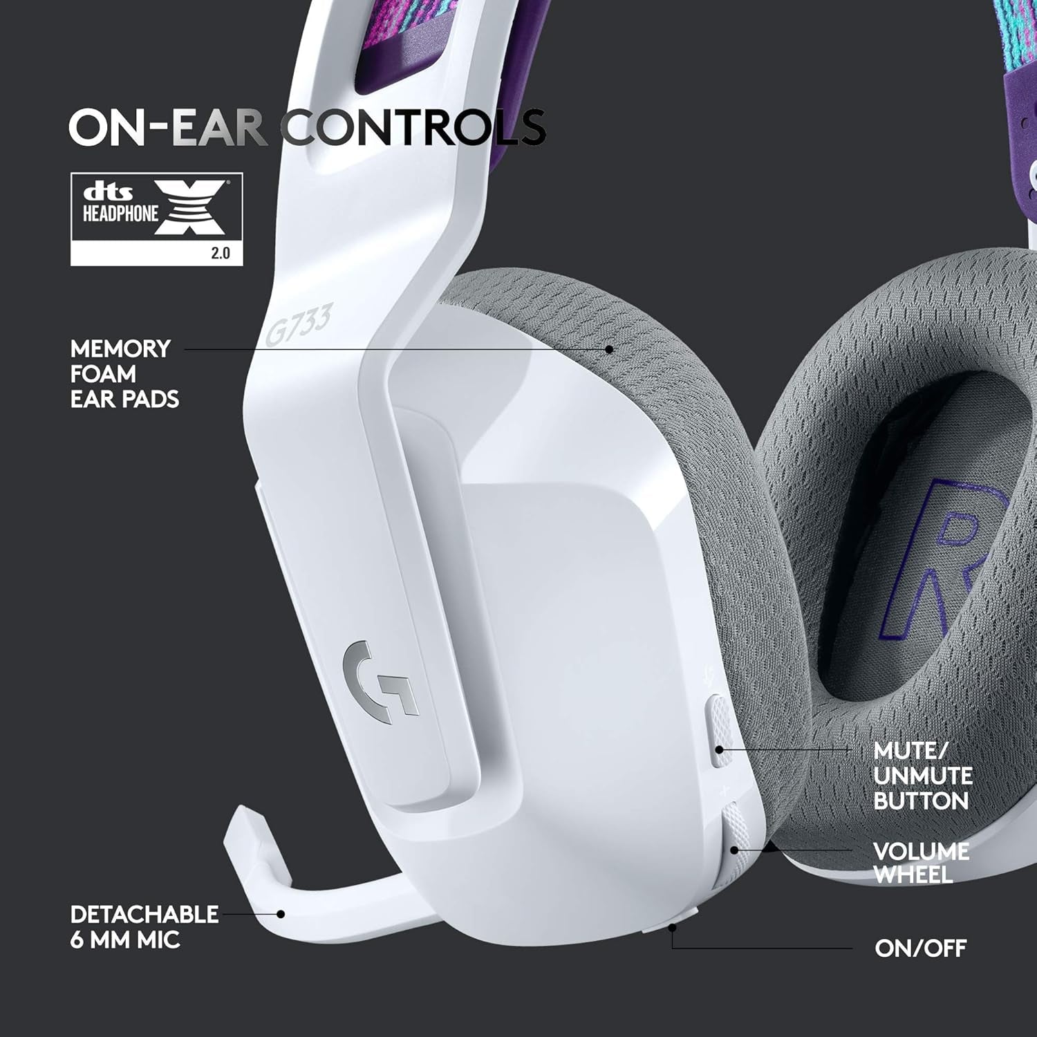 733 Lightspeed Wireless Gaming Headset with Suspension Headband, LIGHTSYNC RGB, Blue VO!CE Mic Technology and PRO-G Audio Drivers - White
