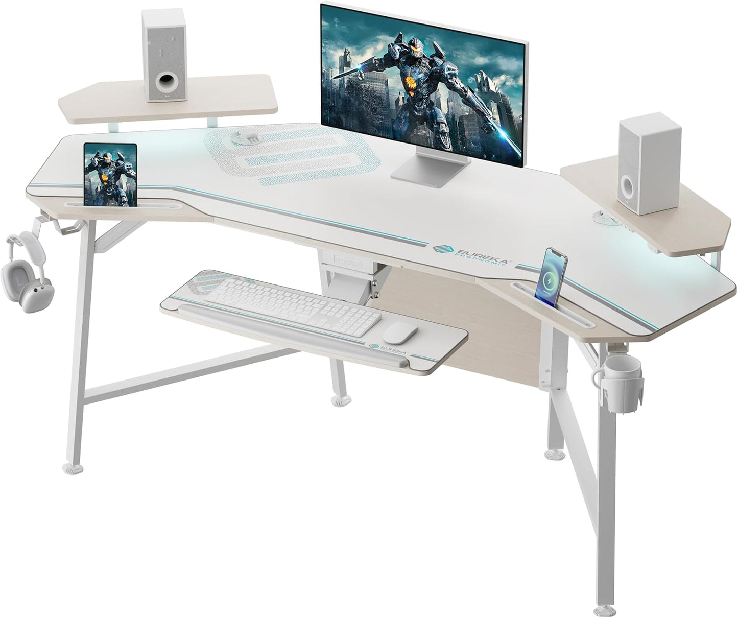Aero 72 Inch Gaming Desk with Keyboard Tray, Large Computer Desk Led Lights, Wing-Shaped Monitor Stand Dual Headphone Hanger Cup Holder for Studio,Streamer,Live,Maple