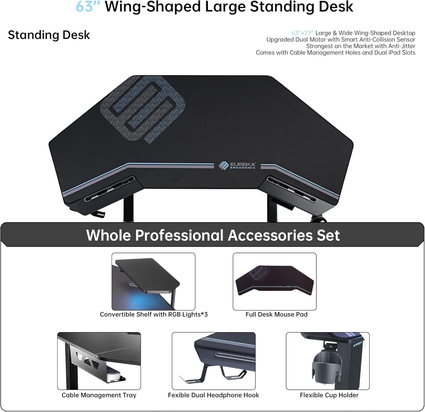 Gaming Desk Adjustable Height Standing Desk 63" Wing Shaped Music Studio Table Workstation W Full Coverage Mousepad, 3 Stands, Dual Headphone/Cup Holder, Ipad-Slot