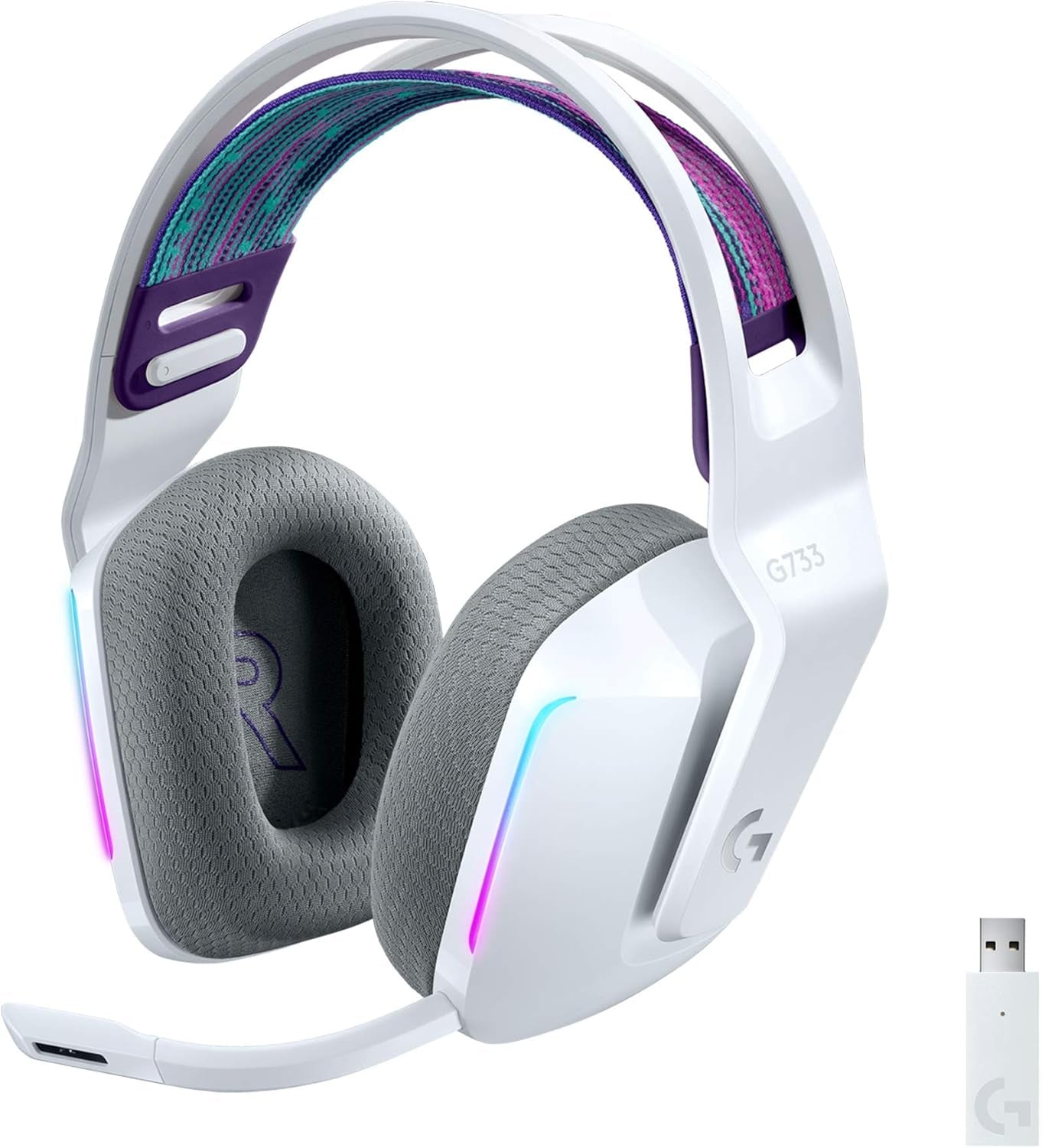 733 Lightspeed Wireless Gaming Headset with Suspension Headband, LIGHTSYNC RGB, Blue VO!CE Mic Technology and PRO-G Audio Drivers - White