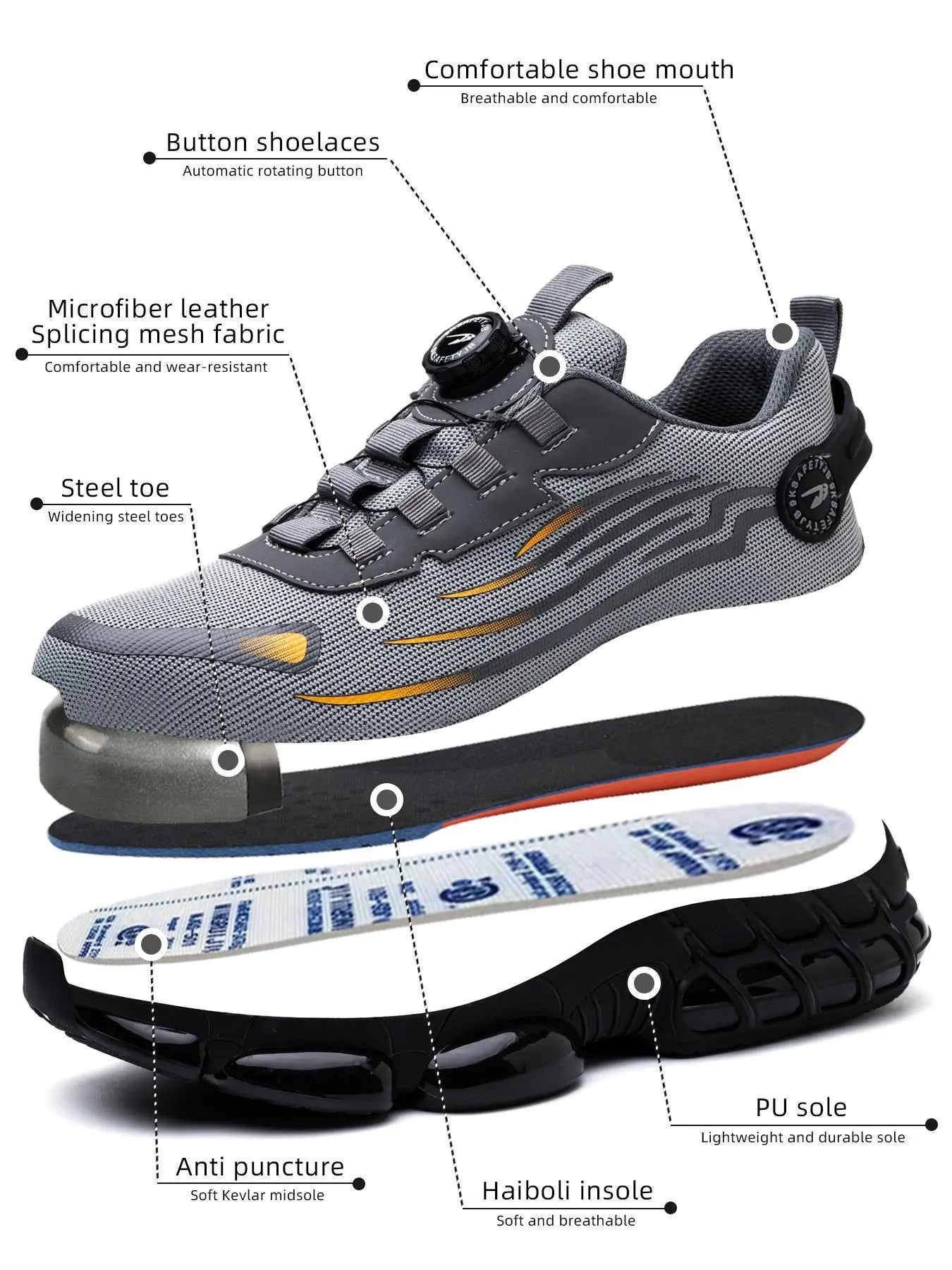 Men'S Steel Toe Work Shoes, Work Safety Shoes, Casual Comfortable Breathable Anti-Smash and Anti-Puncture Shoes, Fashionable Non-Slip Shoes for Outdoor Hiking