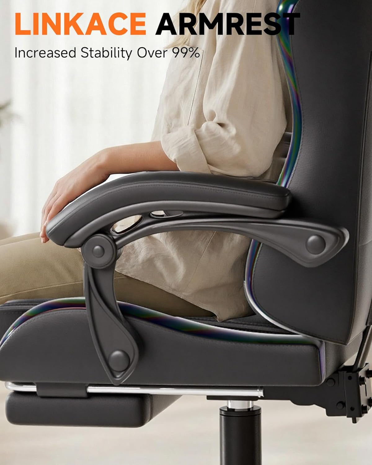 Gaming Chair with Footrest, Computer Gaming Chair for Adults and Kids, Height Adjustable Gamer Chair with 90-155° Recline & Removable Headrest Lumbar Support, 01 Iridescent Black